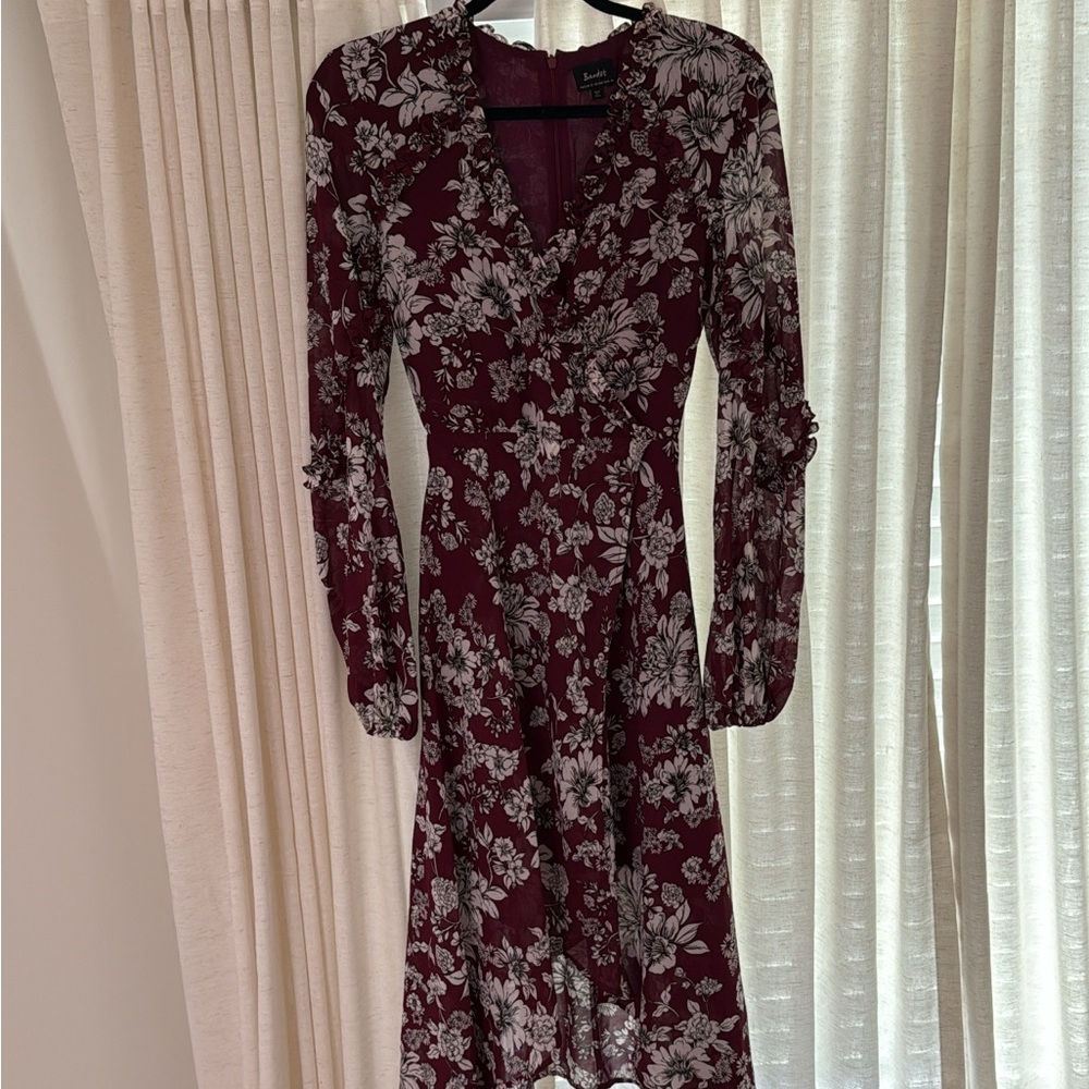 Bardot Burgundy and White Floral Long Sleeve Dress